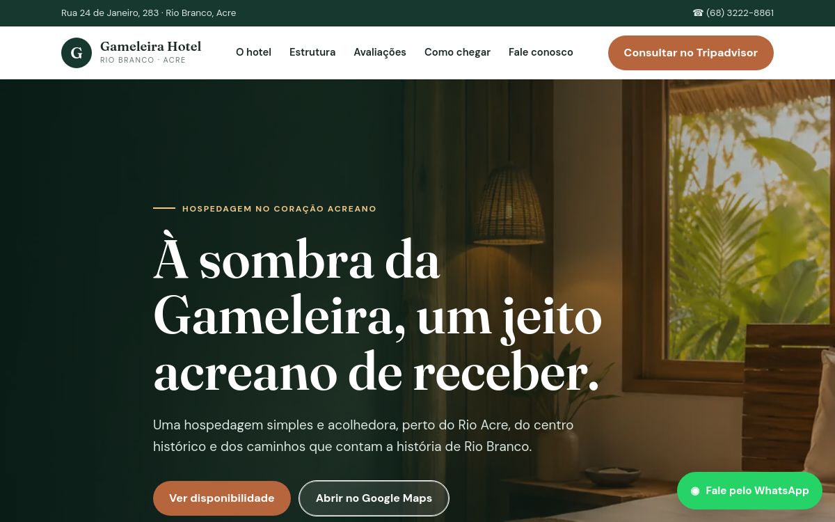 Página inicial do site Hotel Gameleira